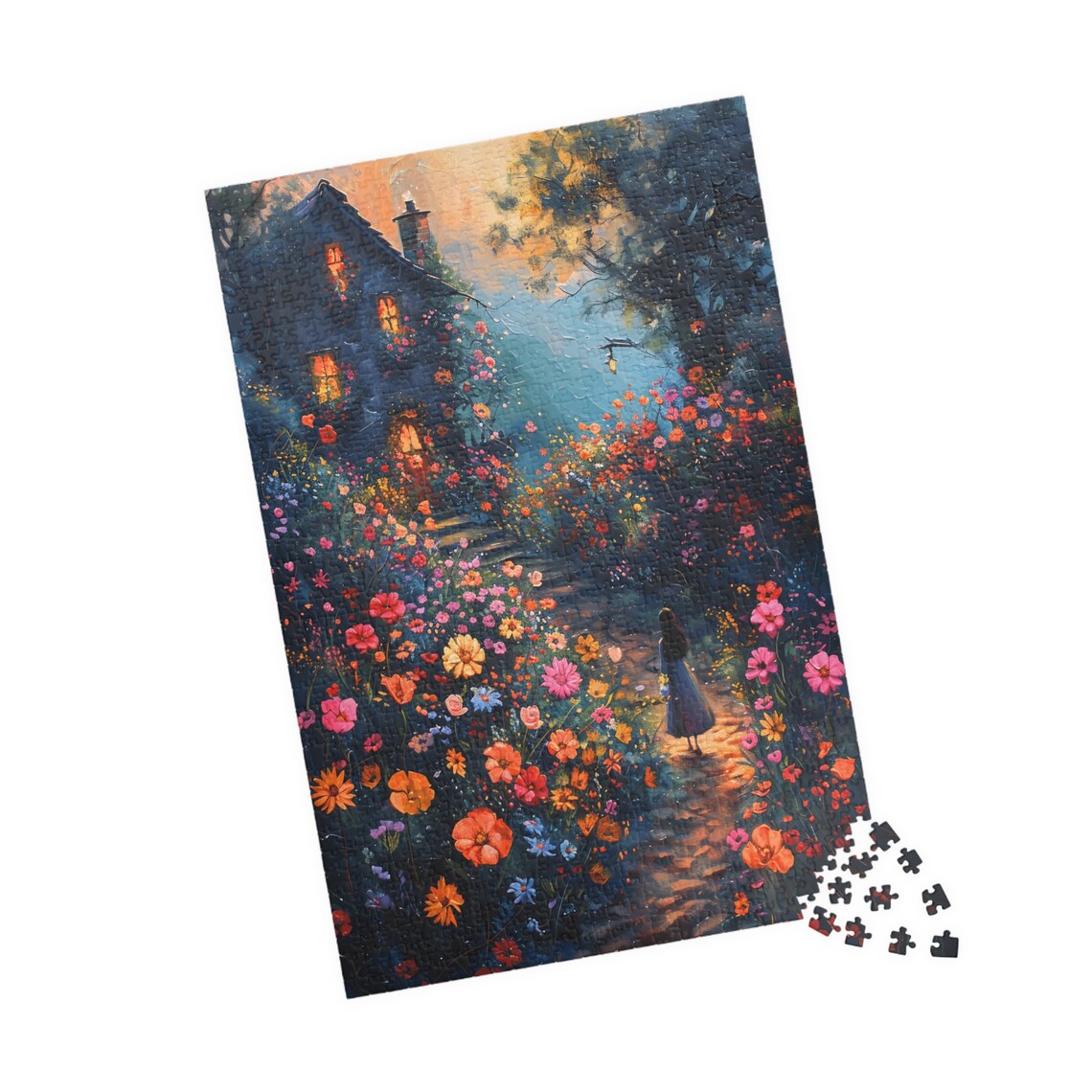 Moonlit Cottage Garden Girl Walking Among Night Bloom Flowers Poster - Image 4