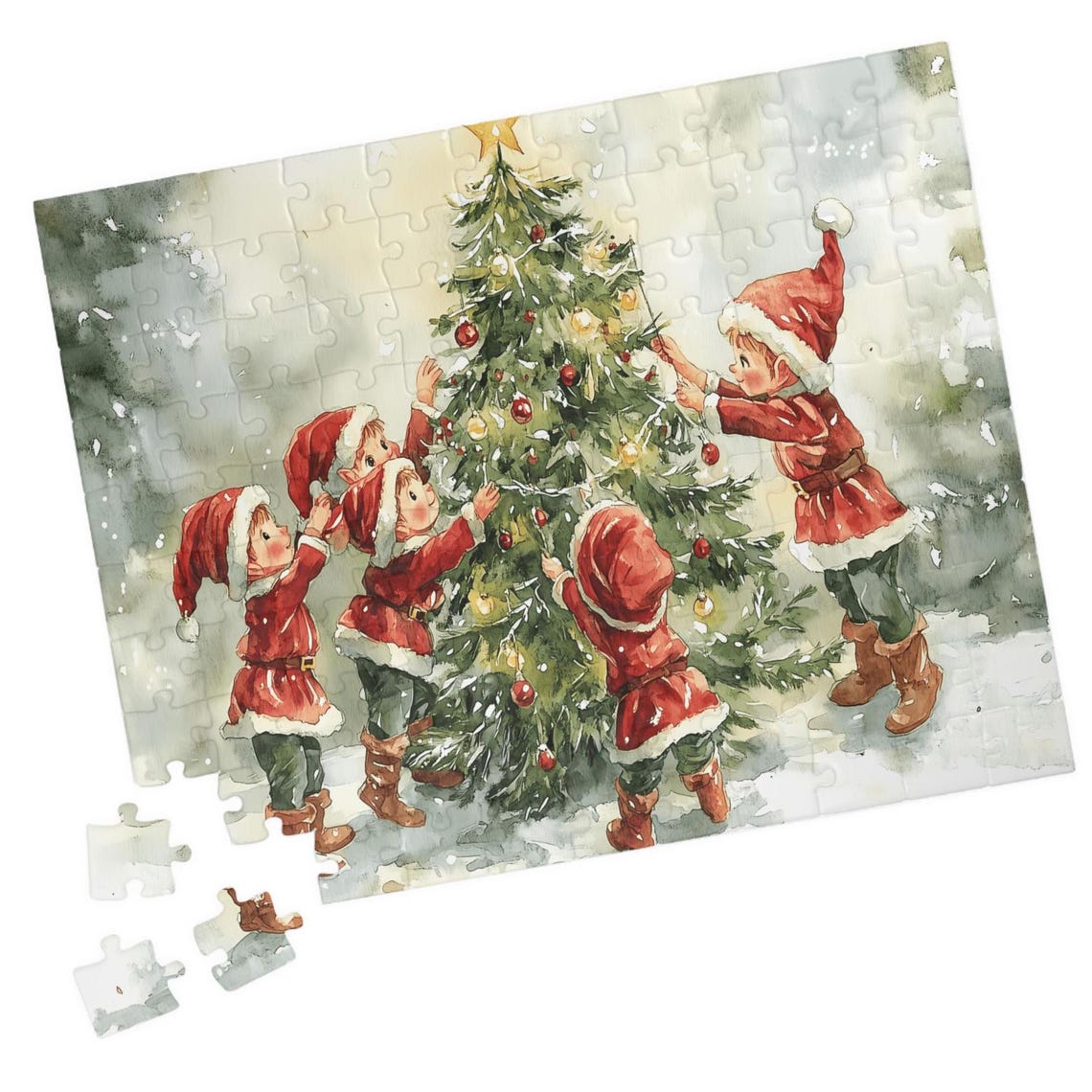 Four Little Helpers Decorating A Christmas Tree Watercolor Print