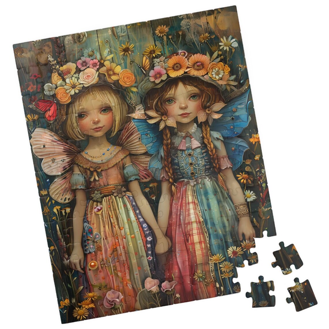Country Fairy Sisters Holding Hands Flower Crowns Folk Art Poster