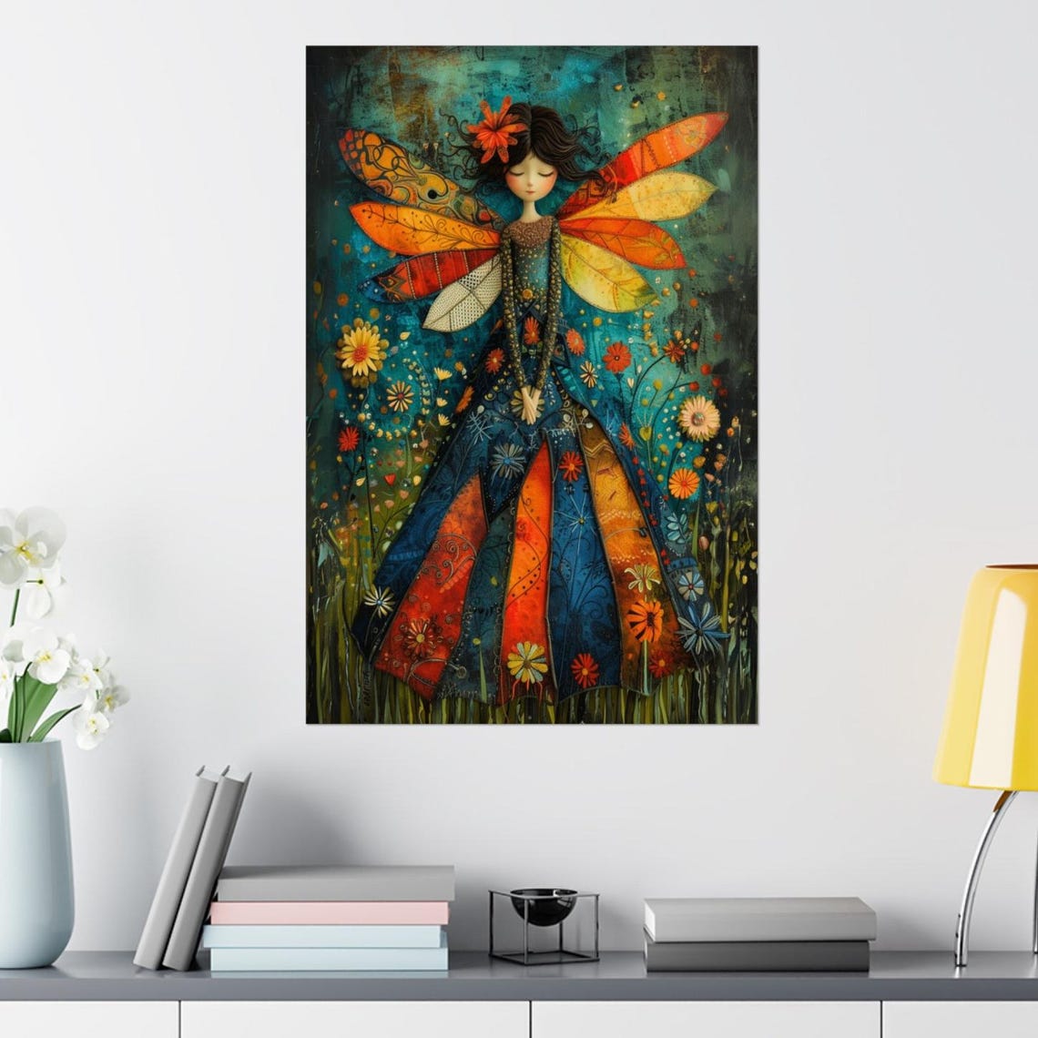 Patchwork Folk Fairy With Colorful Wings Wildflower Art Poster