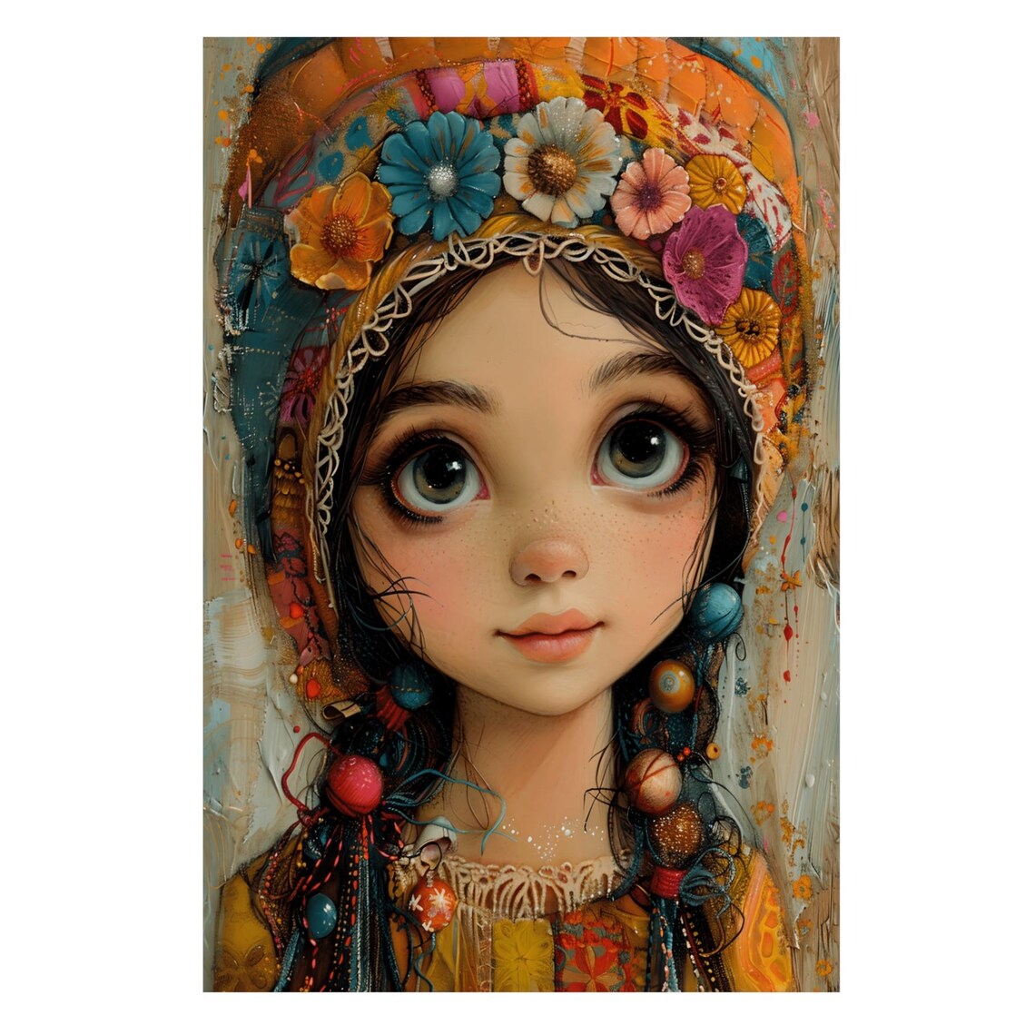 Charming Big-Eyed Girl Wearing a Colorful Floral Headscarf Poster - Image 4