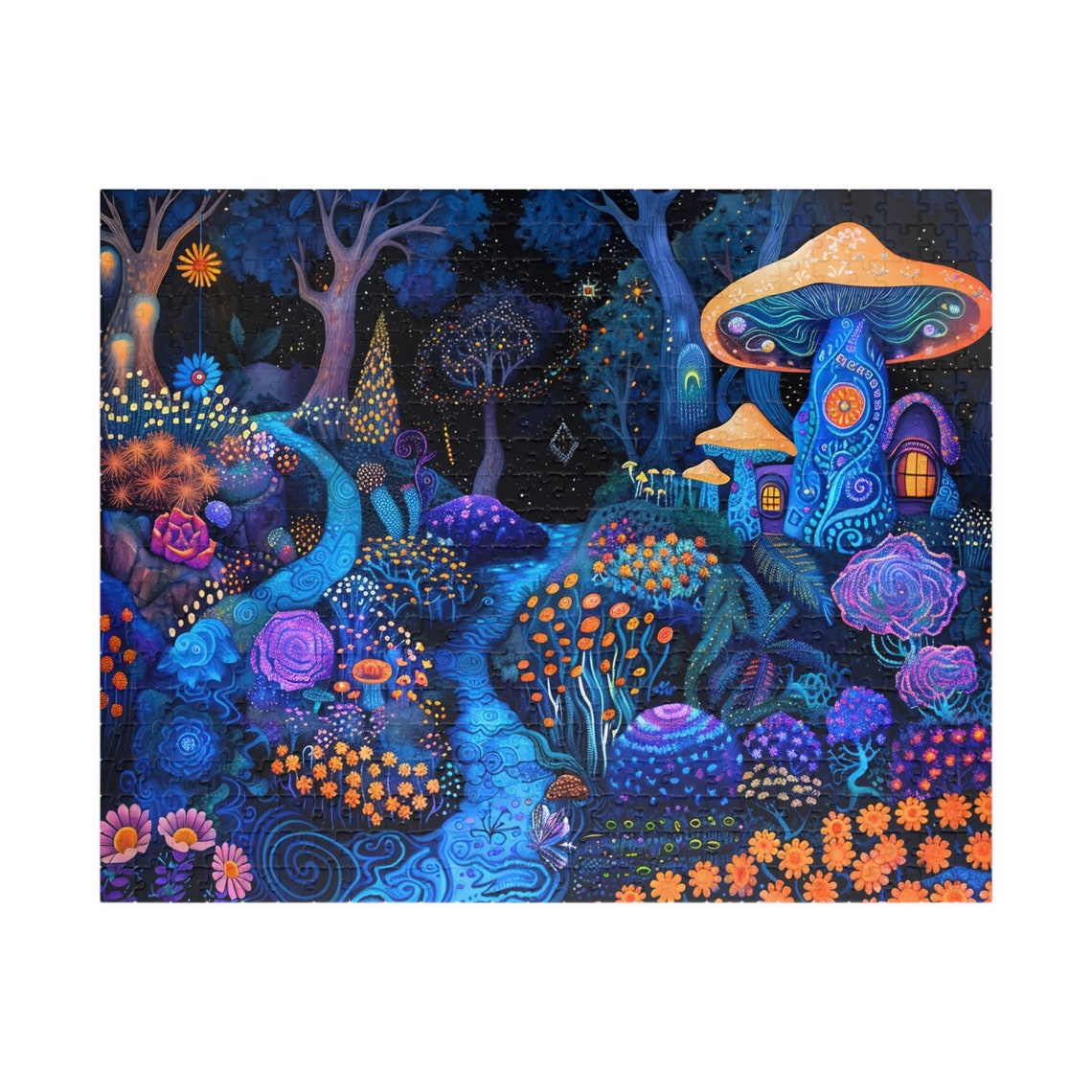 Midnight Mushroom House Glowing Forest Stream Fantasy Art Poster - Image 3