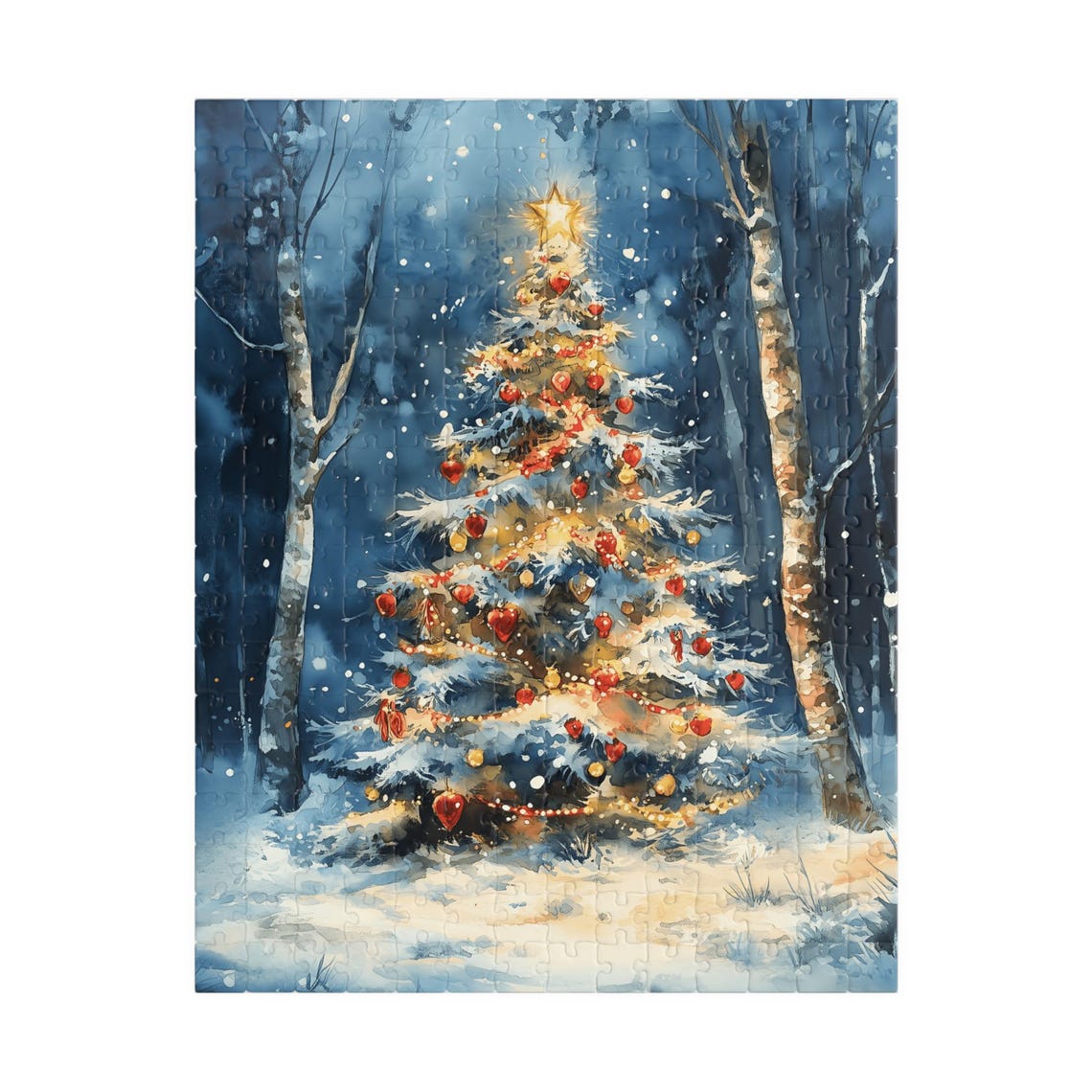Glowing Christmas Tree In A Moonlit Birch Forest Watercolor Poster - Image 5
