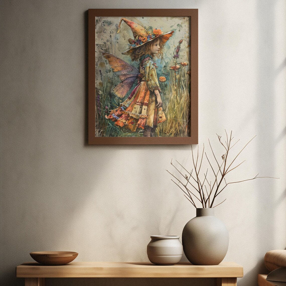 Fairy Witch Girl Floral Witch Hat Meadow Watercolor Art Poster - Image 2