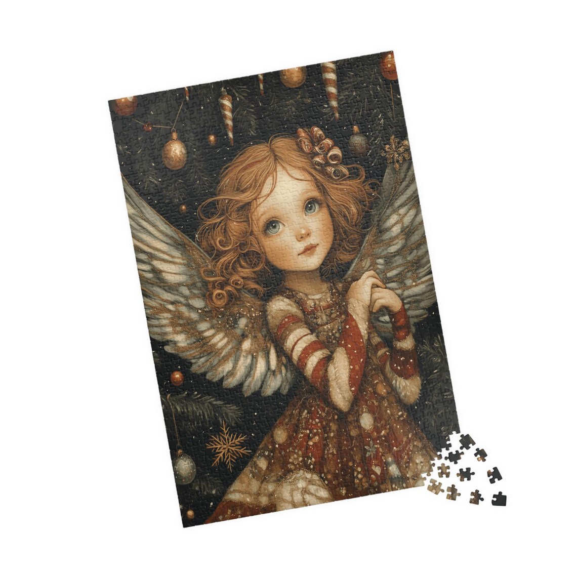 Sweet Christmas Angel Girl With White Wings and Striped Dress Poster - Image 4