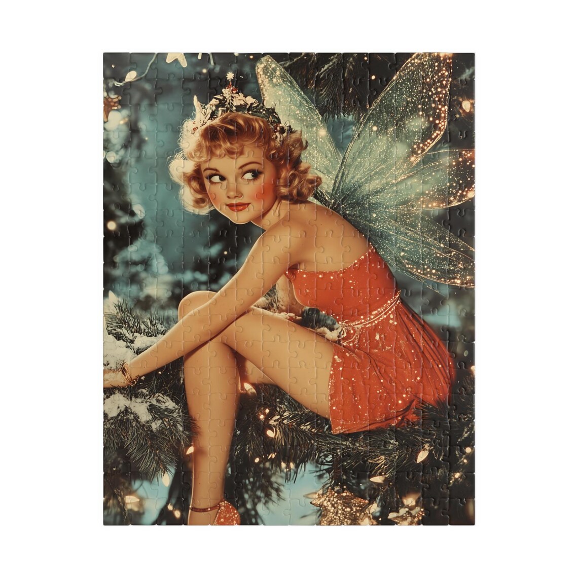 Vintage Christmas Fairy In Red Dress On A Snowy Tree Branch Print - Image 5