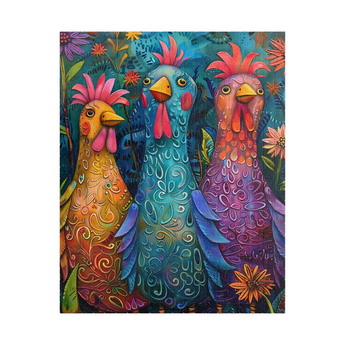 Three Colorful Chickens Whimsical Folk Art Fun Farm Bird Poster - Image 5