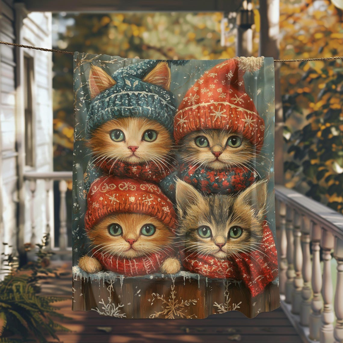 Four Cute Stacked Kittens in Winter Hats and Red Scarves Art Print