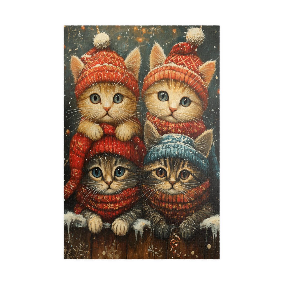 Four Kittens in Knit Hats and Scarves on Snowy Fence Cute Cat Poster - Image 3