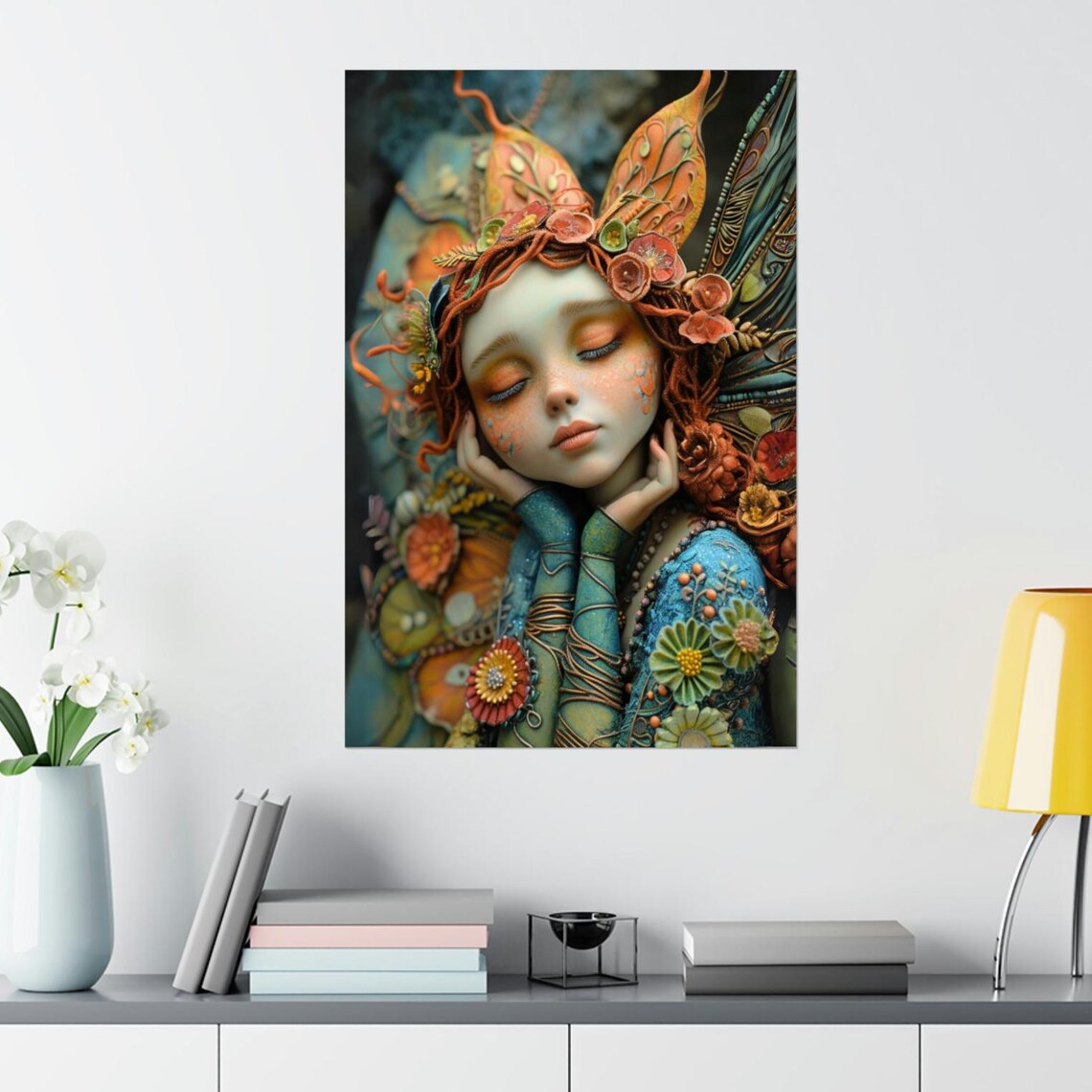 Serene Fairy Resting Chin in Hands Floral Wings Dreamy Poster