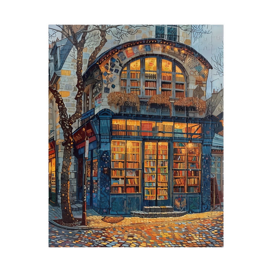 Parisian Bookstore At Dusk Cozy Street Scene Jigsaw Puzzle Print - Image 2