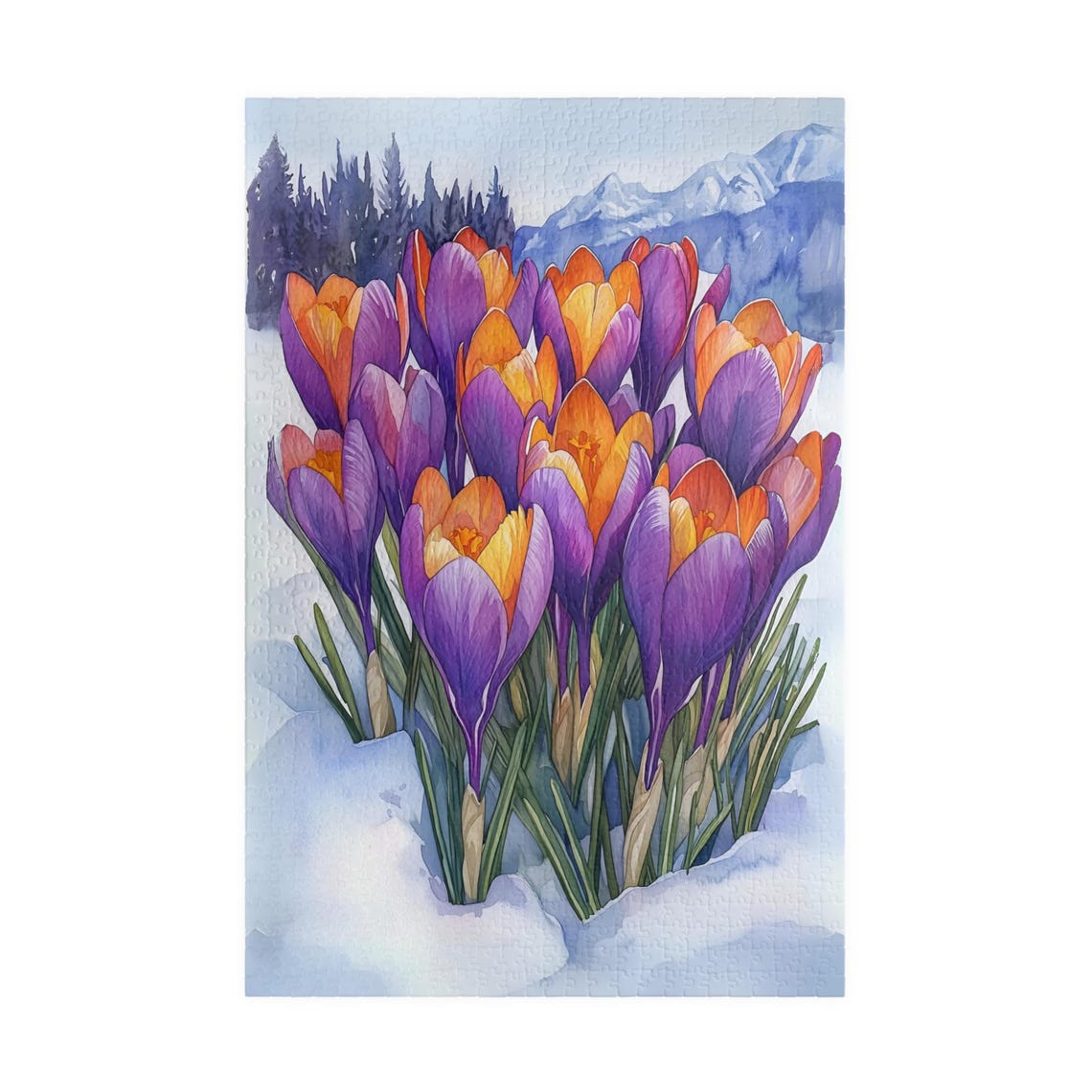 Purple Crocus Flowers In Snow Mountain Scene Jigsaw Puzzle Print - Image 3