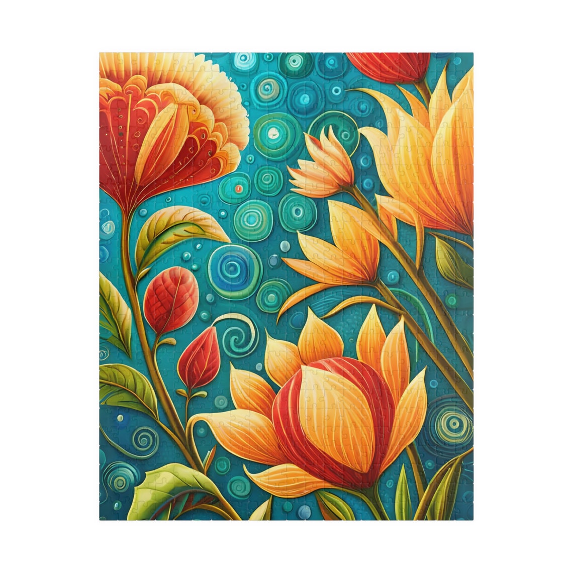 Stylized Orange Fantasy Flowers On Teal Boho Botanical Folk Art Poster - Image 5