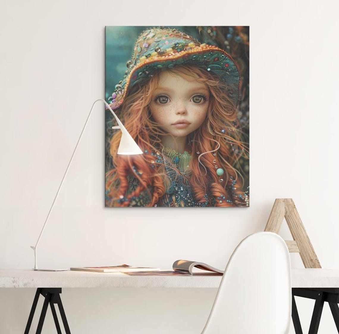 Whimsical Red Haired Doll Girl Bejeweled Hat Portrait Poster