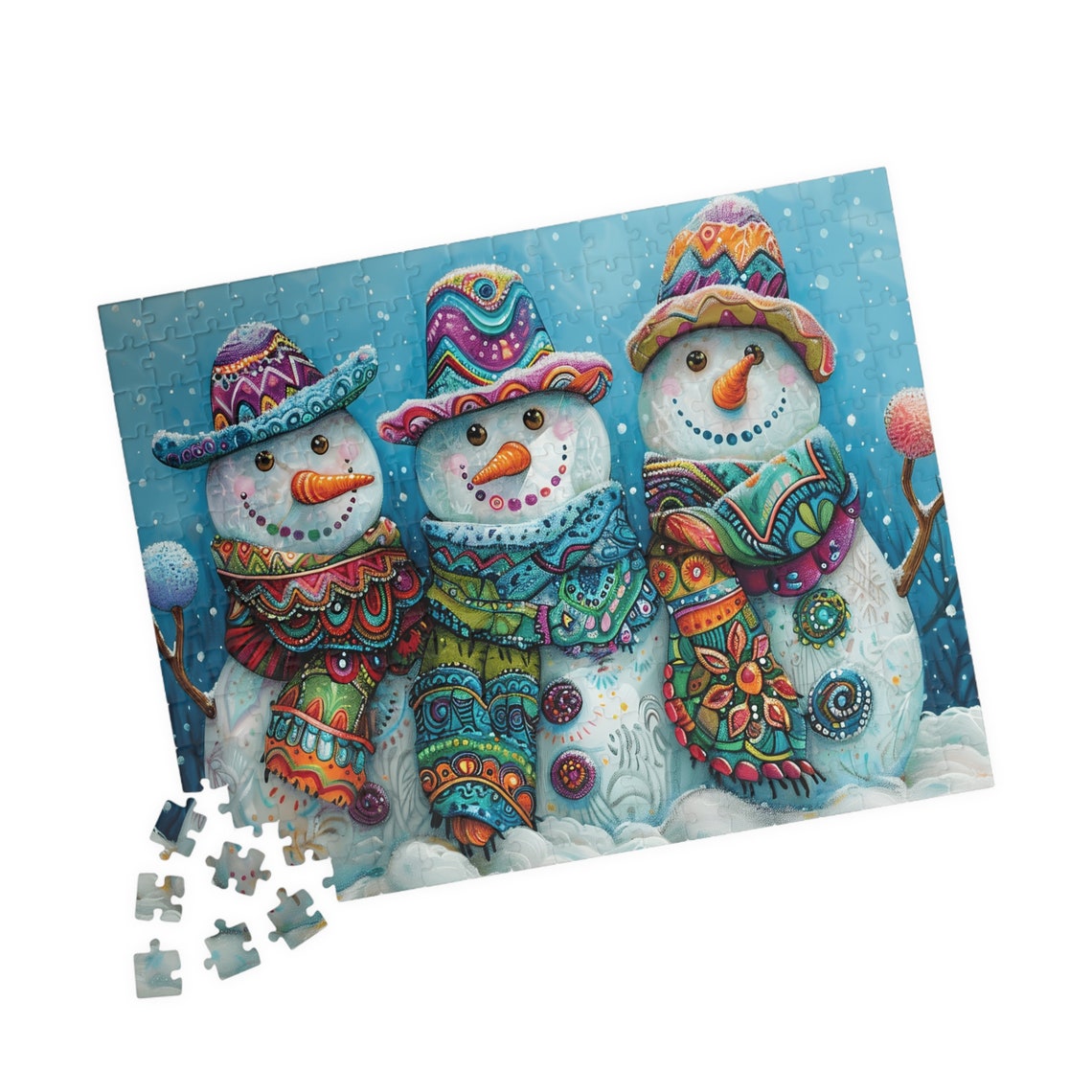 Three Colorful Snowmen Wearing Patterned Party Hats in the Snow Poster - Image 5