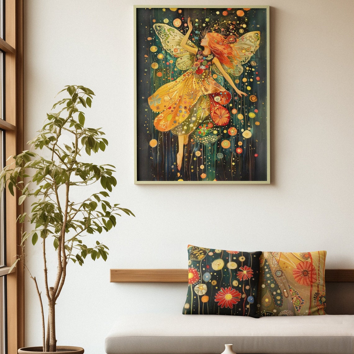 Dancing Red Haired Fairy Golden Wings Dark Forest Art Poster - Image 2