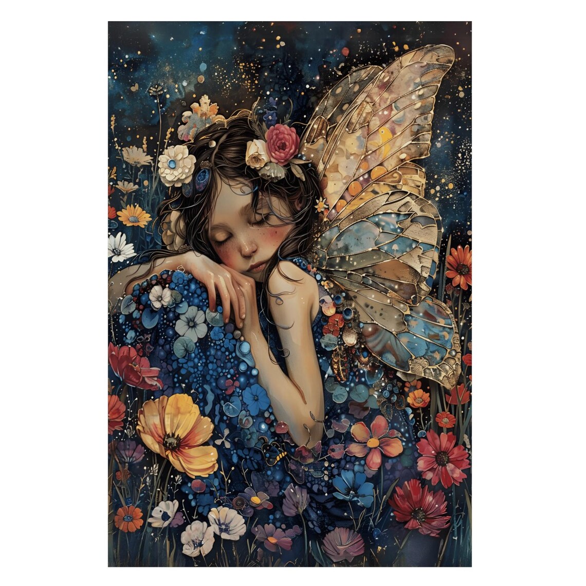Sleeping Fairy Night Garden Stained Glass Wings Floral Art Poster - Image 3