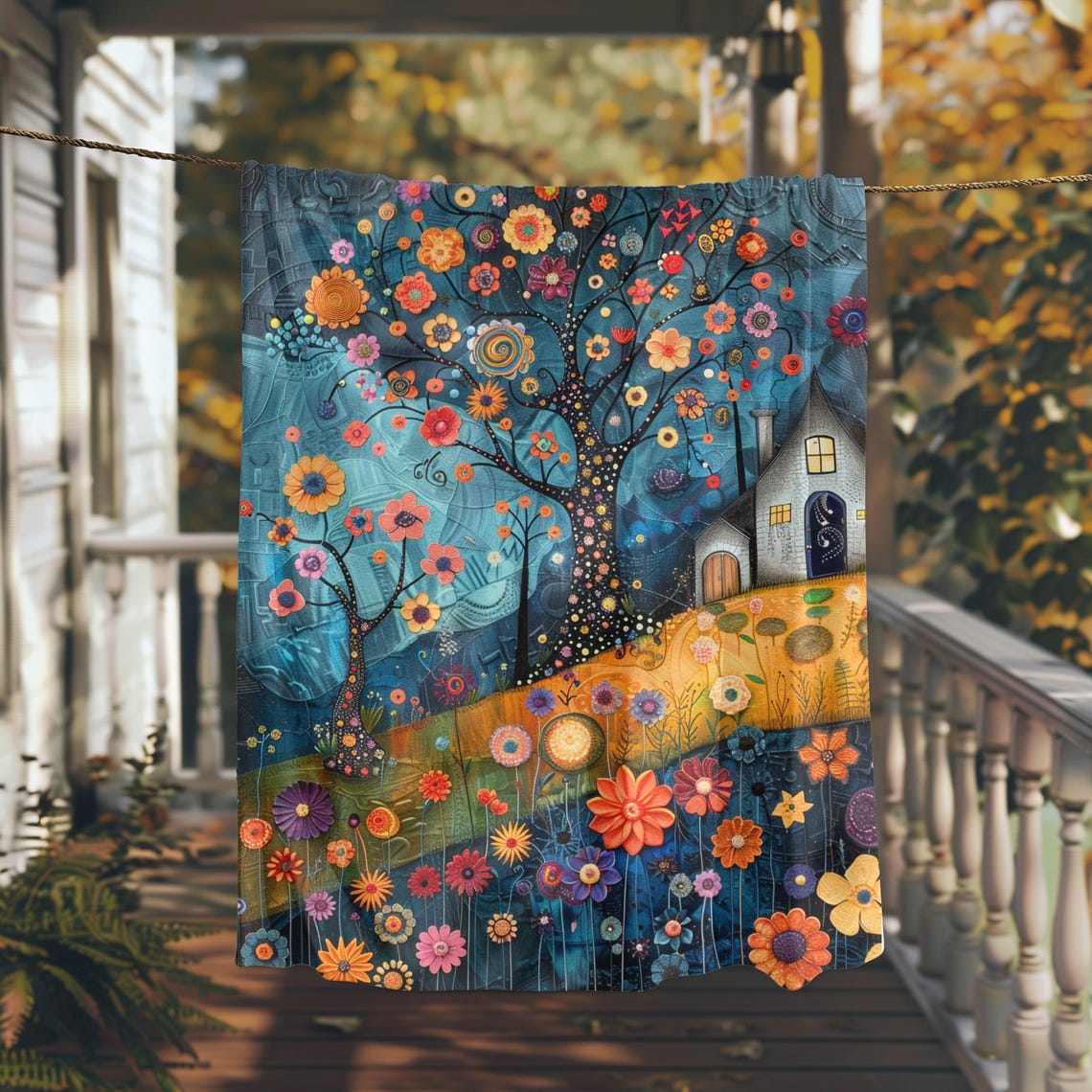 Whimsical Flowering Tree by a Cottage at Night Folk Art Poster