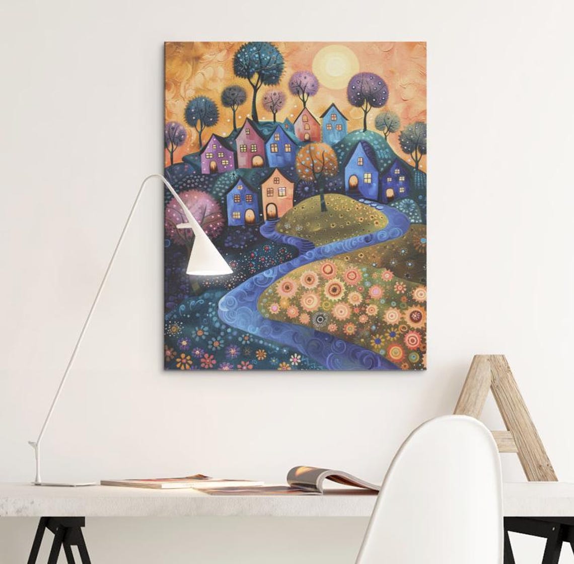 Whimsical Village Art Printposter Colorful Folk Art Town Fantasy Art Decor For Bedroom Office Laundry Livingfamily Room Or Nursery