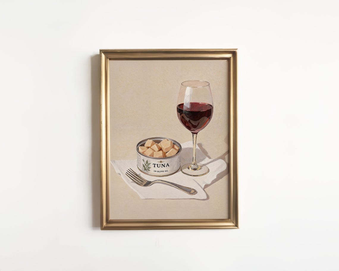 Tinned Tuna and Red Wine Vintage Still Life Kitchen Decor Poster