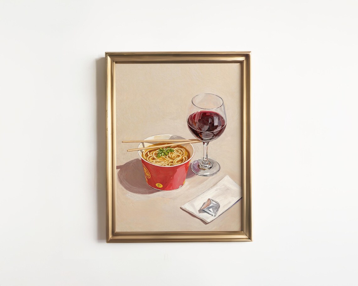 Instant Ramen and Red Wine Funny Food Decor Art Print