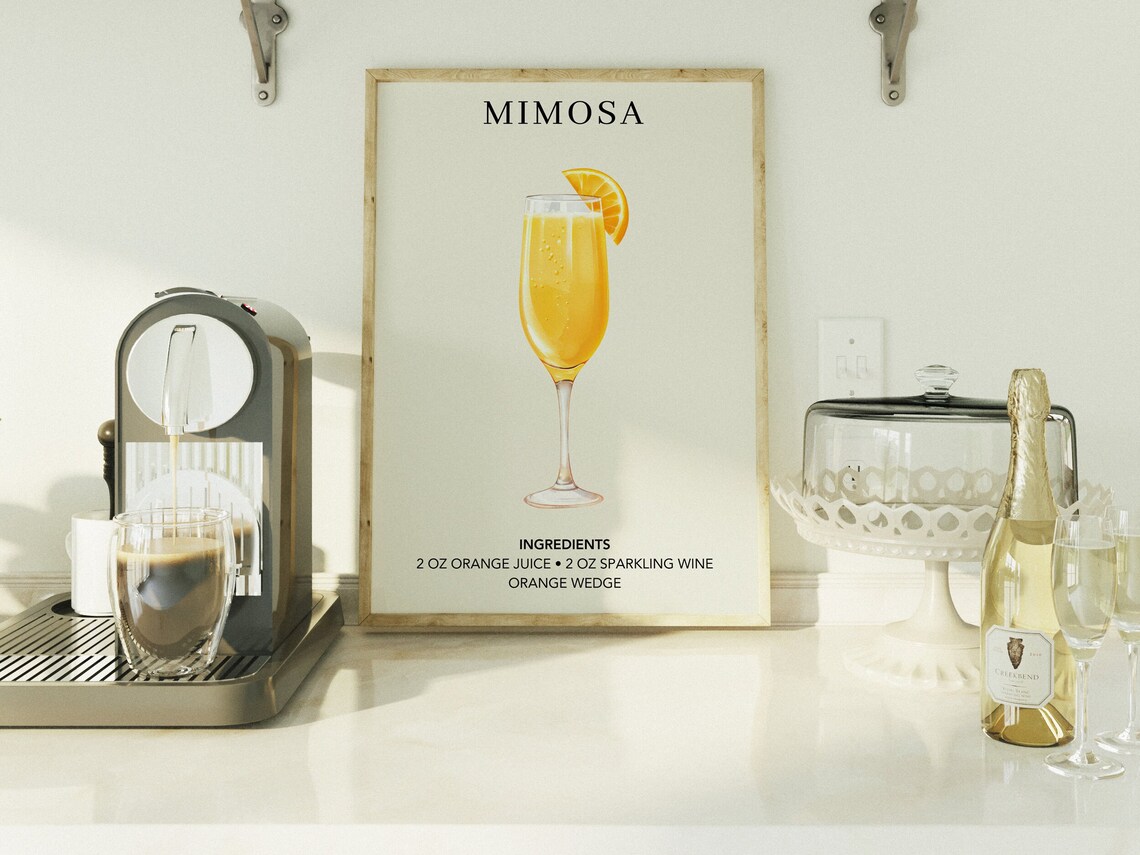 Mimosa Watercolor Retro Cocktail Poster, Kitchen Decor