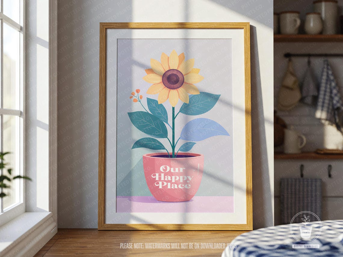 Our Happy Place Pink Pot Sunflower Cheerful Kitchen Floral Poster