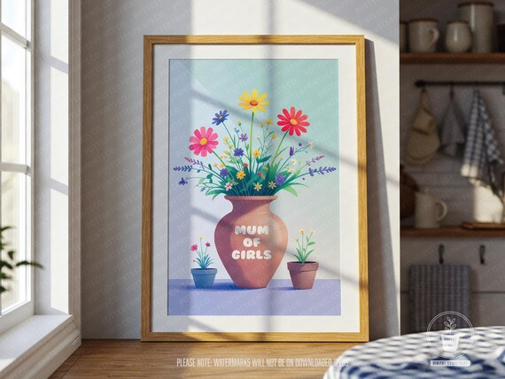 Mum Of Girls Wildflower Bouquet Vase Poster Floral Mother's Day Gift
