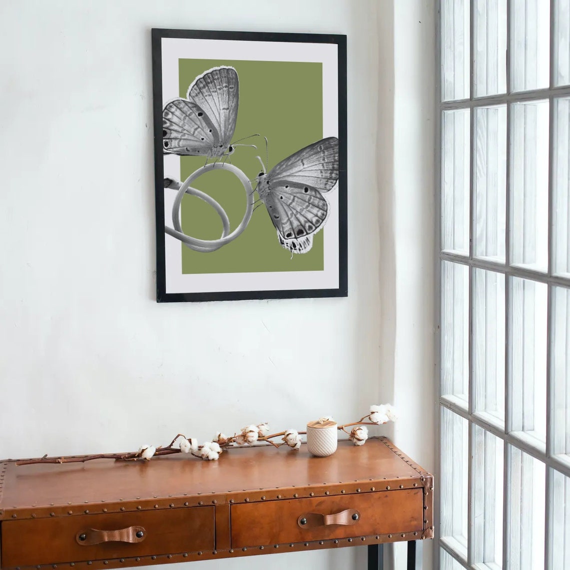 Two Butterflies Olive Green Botanical Black and White Art Poster - Image 2