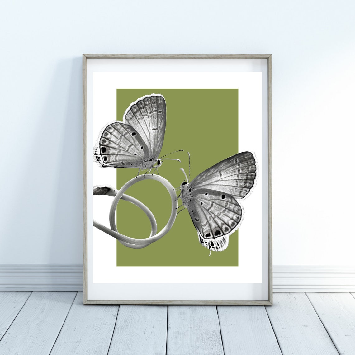 Two Butterflies Olive Green Botanical Black and White Art Poster