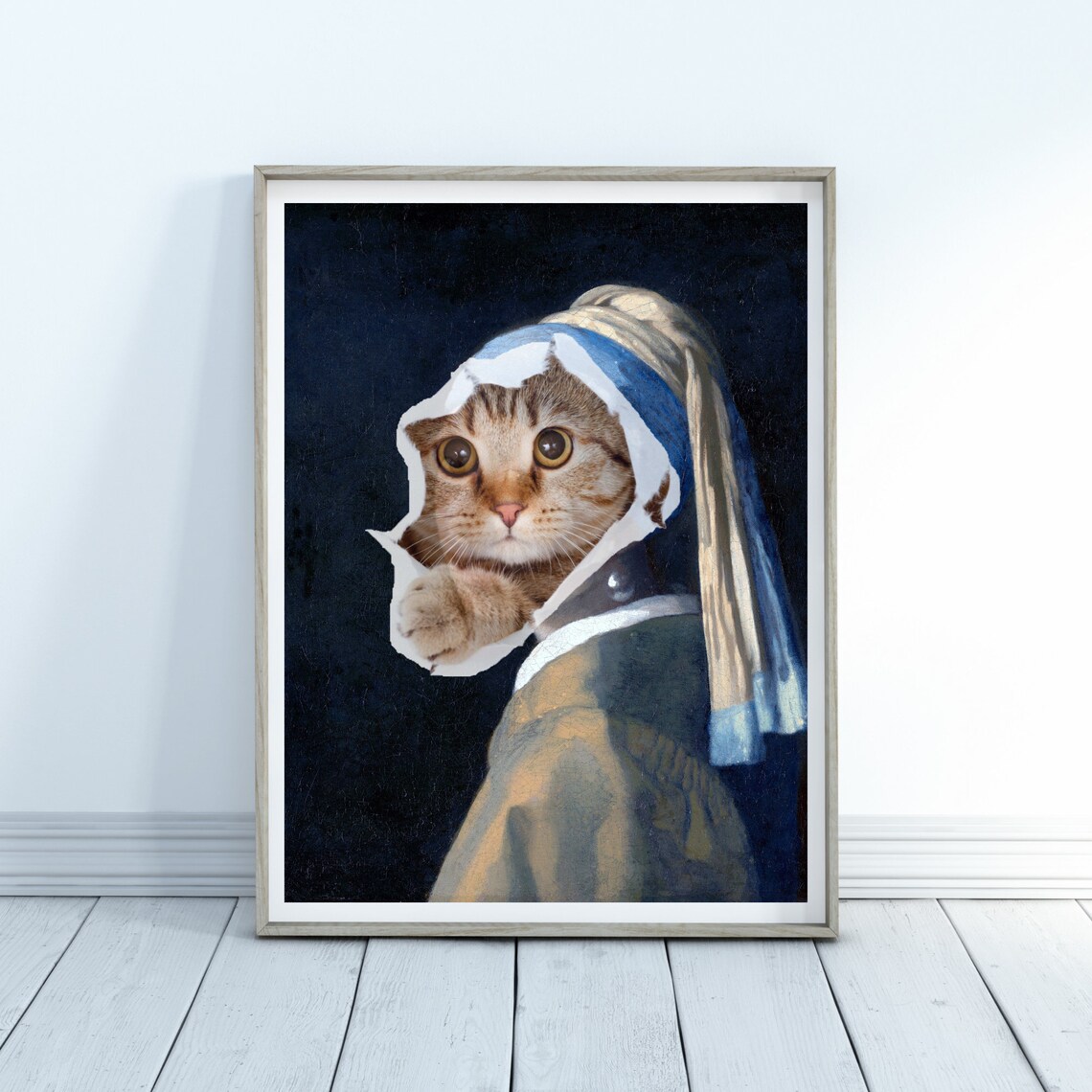 Cat With A Pearl Earring Poster Funny Vermeer Cat Artwork Piece