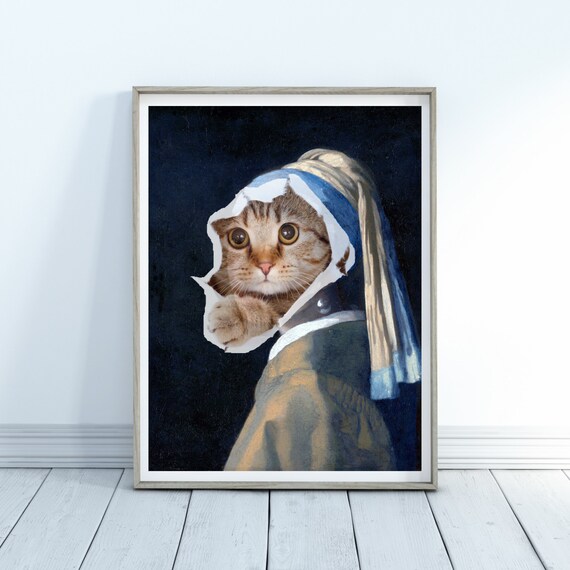 Girl With A Pearl Earring Cat With A Pearl Earring Johannes Vermeer Dutch Golden Age Home Decor Wall Art