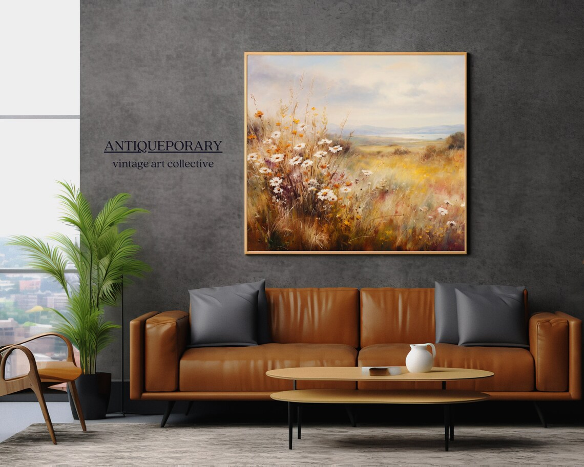 Golden Meadow Wildflowers with Lake and Hills Soft Light Art Poster - Image 6