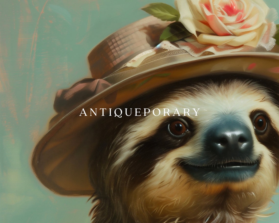 Sloth Lady in a Floral Hat and Ruffled Cream Victorian Dress Poster - Image 3