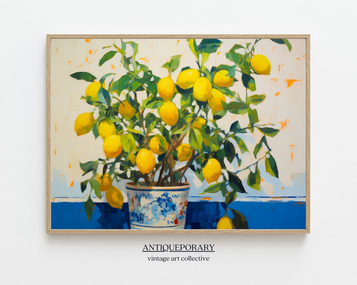 Potted Lemon Tree in Blue White Ceramic Pot Bright Kitchen Poster