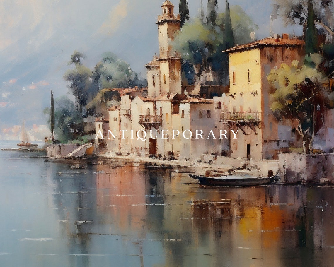 Vintage Country Painting French Lake Landscape Print Rustic Village Art Oil Painting Vintage City Print - Image 2
