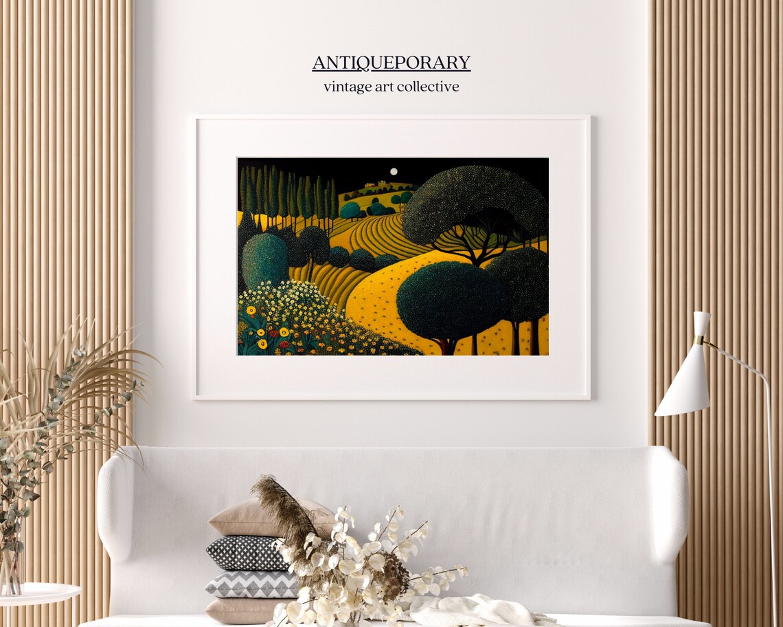 Moonlit Golden Hills with Cypress Trees Pointillist Landscape Poster - Image 6