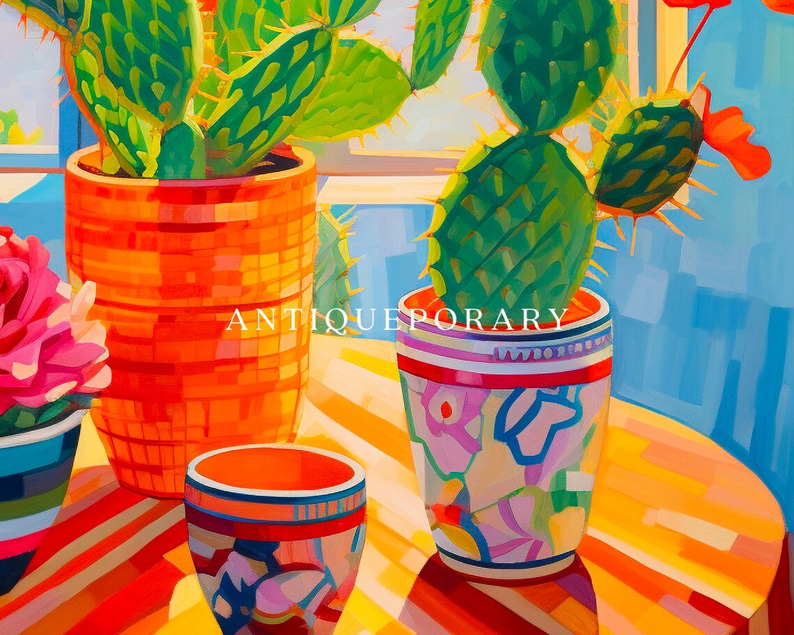 Colorful Potted Cacti by Sunlit Window Still Life Painting Poster - Image 2