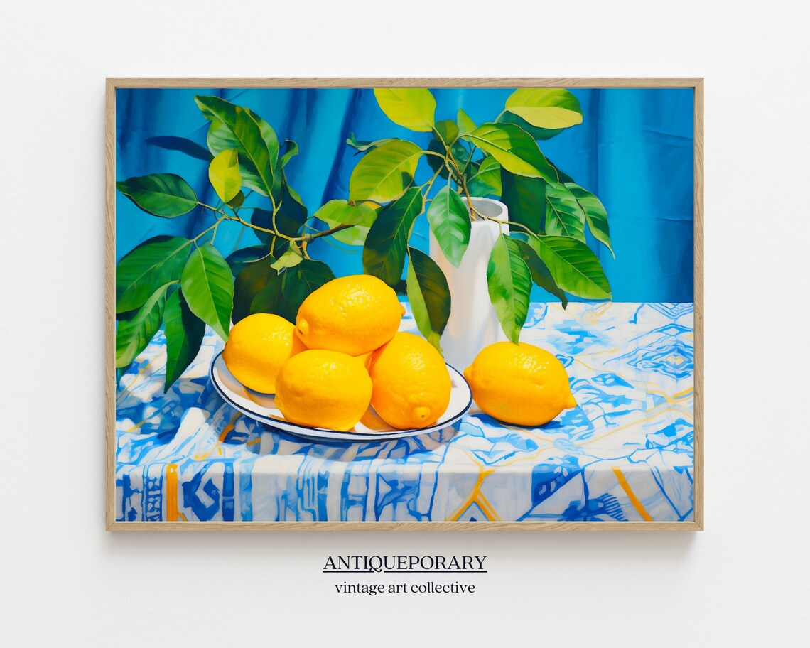 Lemon Branch Vase Plate Blue Cloth Bright Citrus Still Life Poster