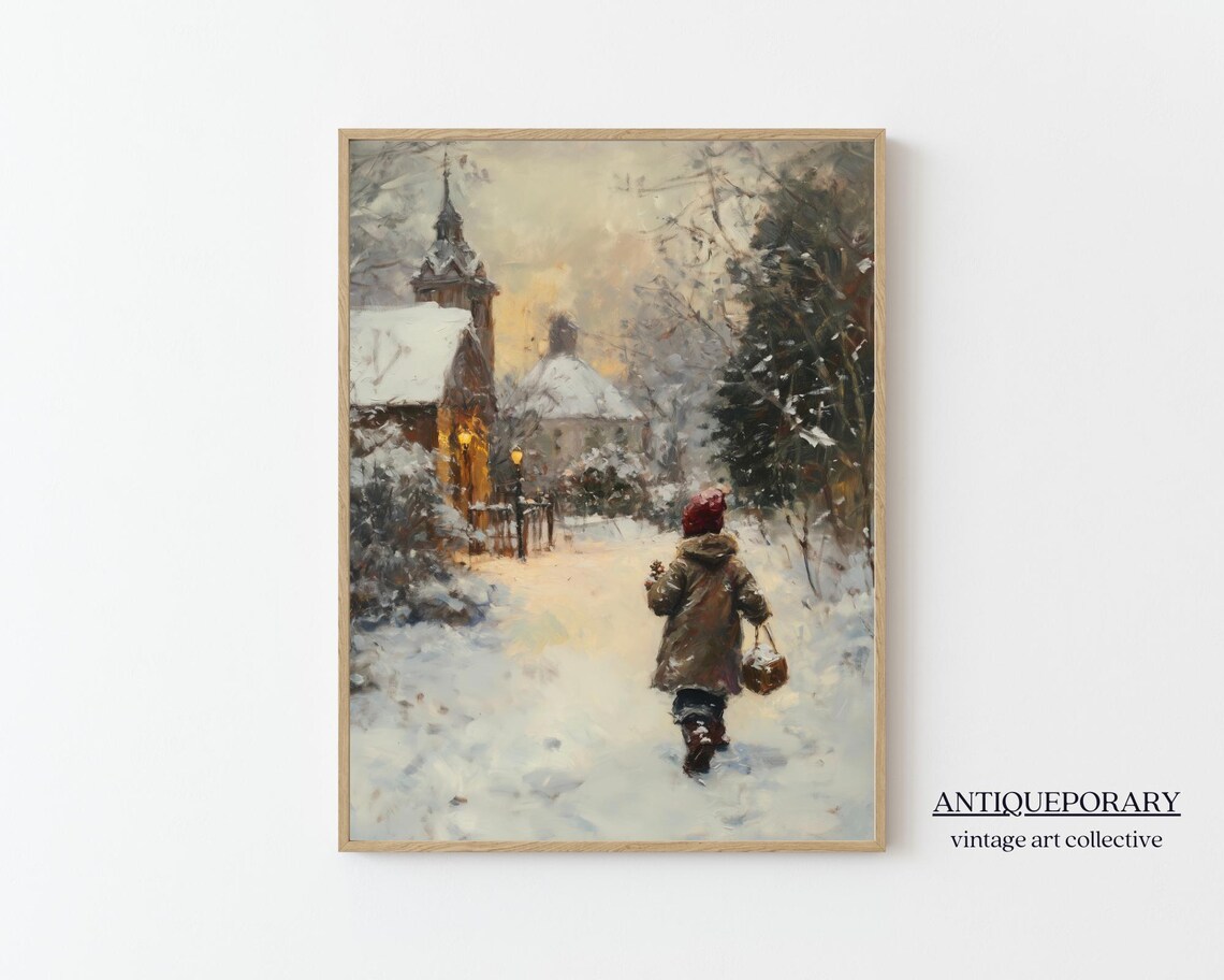 Child Walking a Snowy Village Street at Dusk Winter Scene Poster