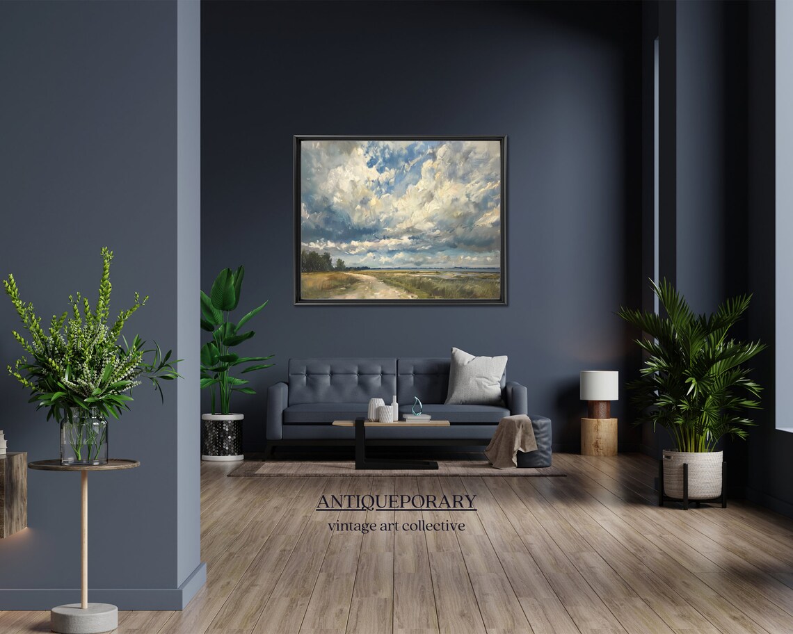 Dramatic Cloud Country Road Neutral Landscape Oil Painting Poster - Image 4