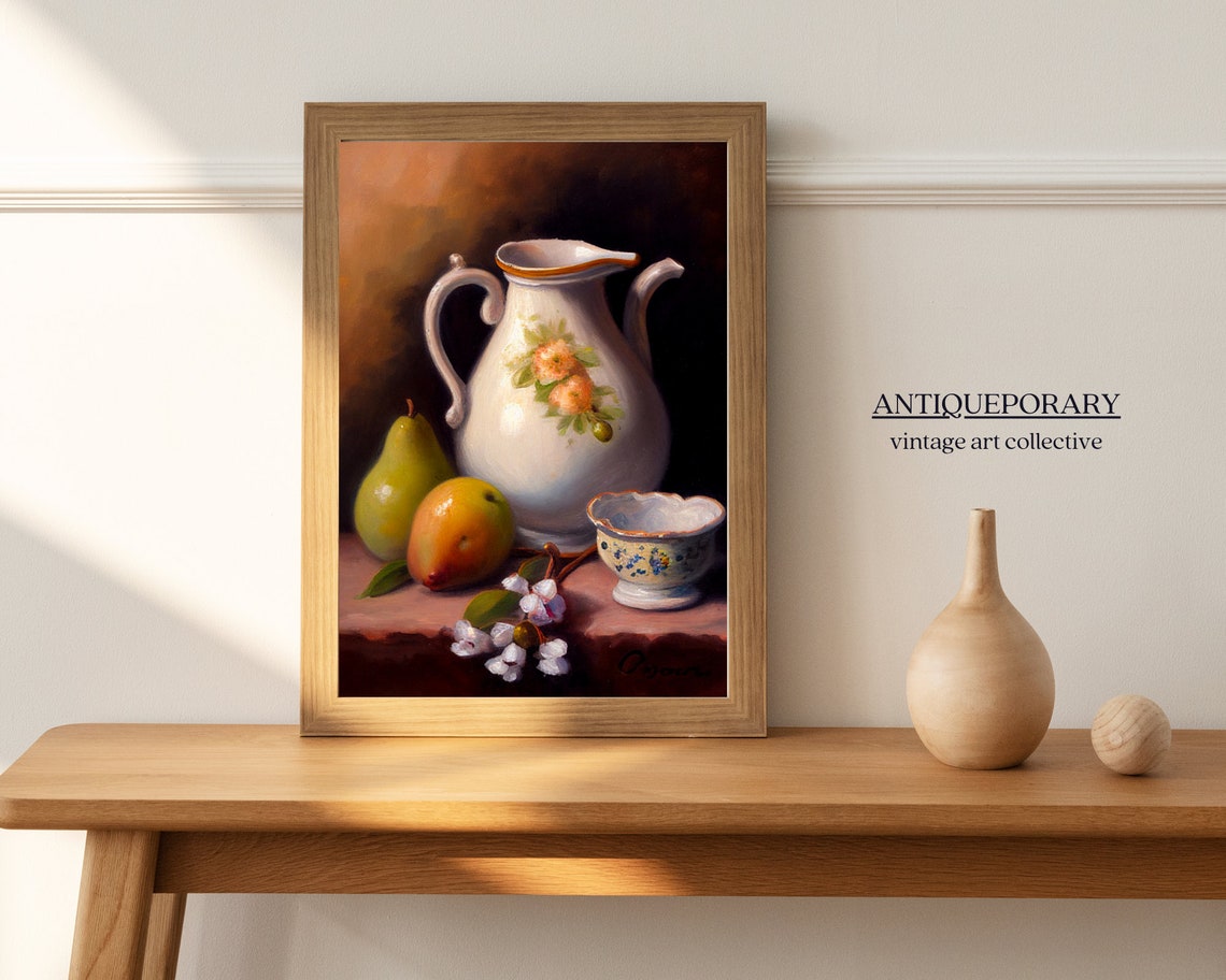Moody Ceramic Pitcher with Pear Citrus Berries Still Life Print - Image 5