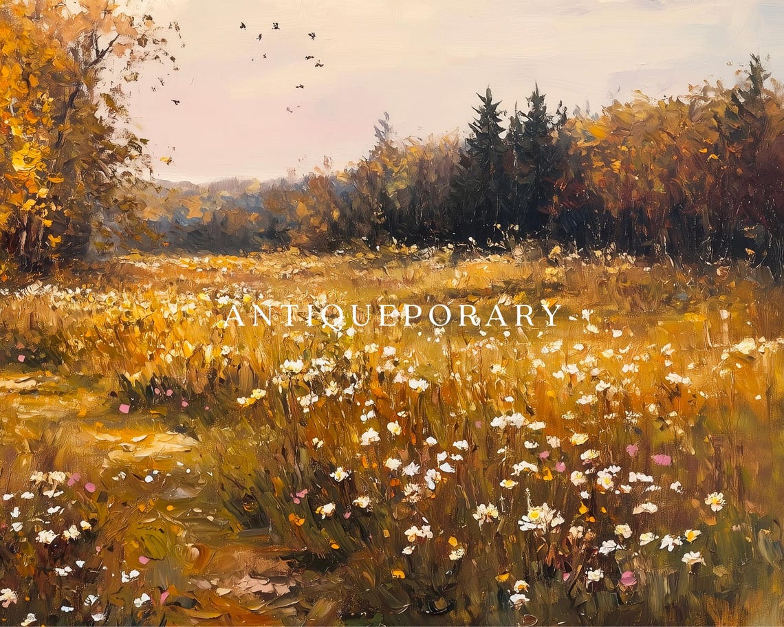 Autumn Wildflower Field Landscape Painting Vintage Fall Country Field Print Moody Oil Painting Wall Art Print Nature - Image 2