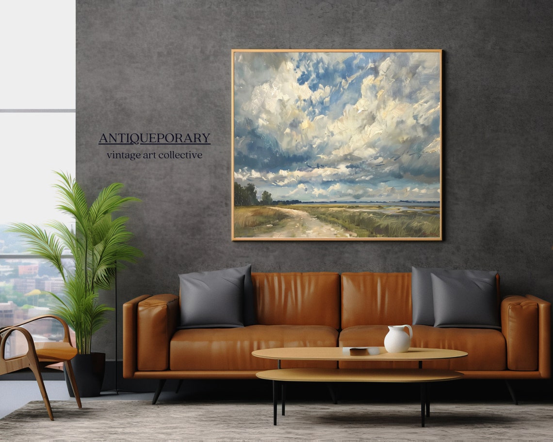 Dramatic Cloud Country Road Neutral Landscape Oil Painting Poster - Image 7