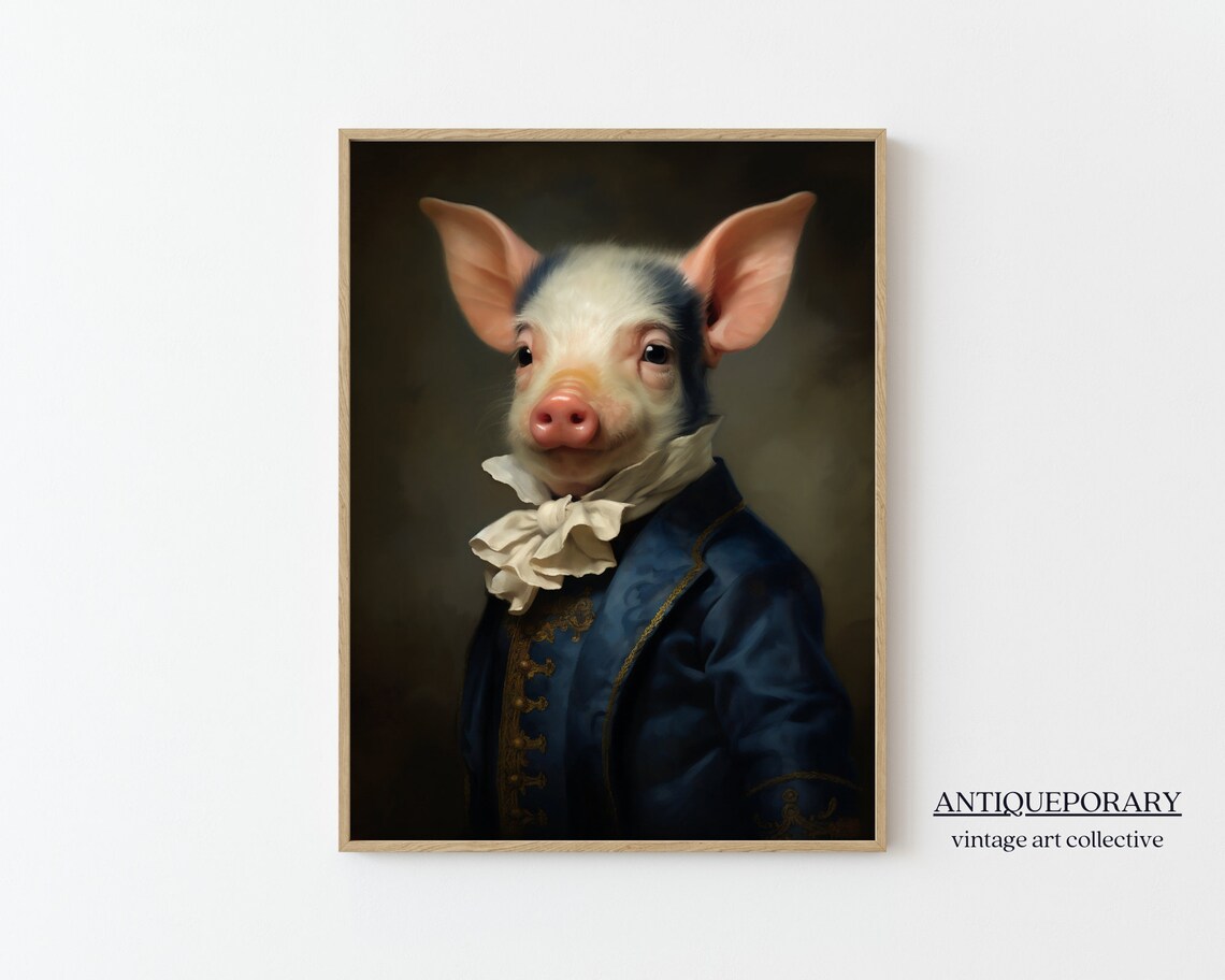 Dapper Baby Pig in Navy Frock Coat Whimsical Victorian Pet Poster