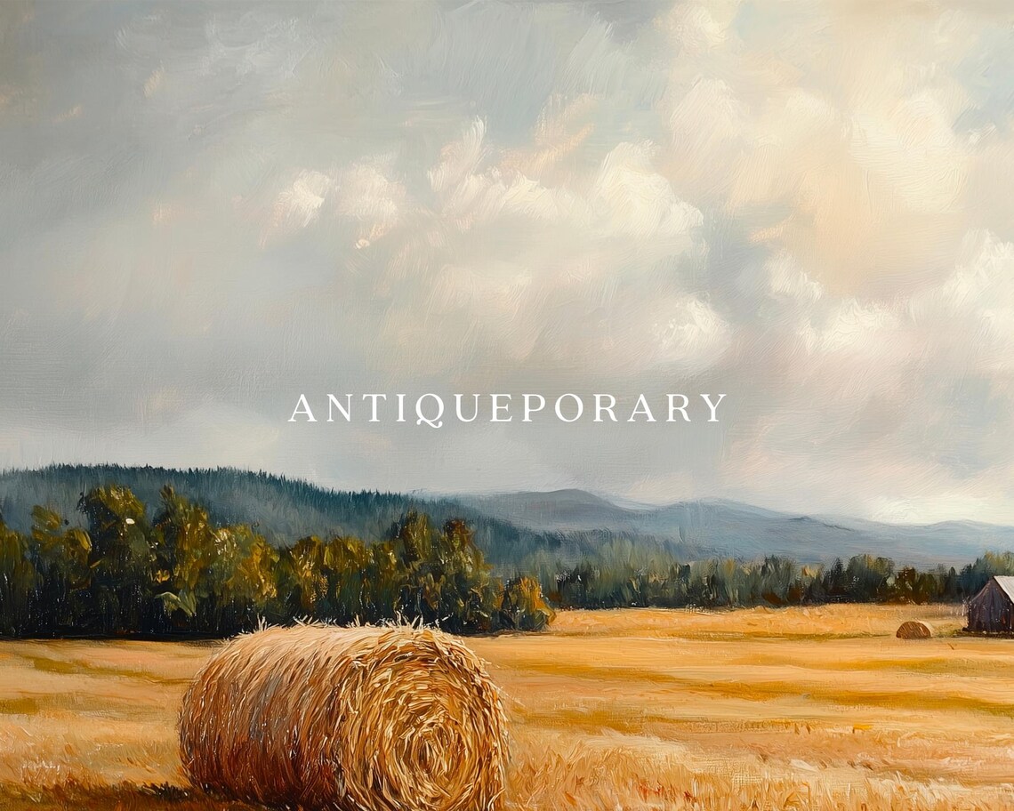 Hay Field Landscape Oil Painting Autumn Neutral Landscape Art Print Vintage Country Wall Art Antique Rustic Farmhouse Decor - Image 3