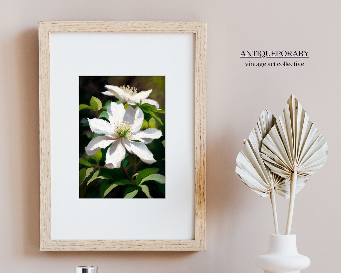 White Clematis Flowers Close Up Oil Painting Botanical Art Poster - Image 4