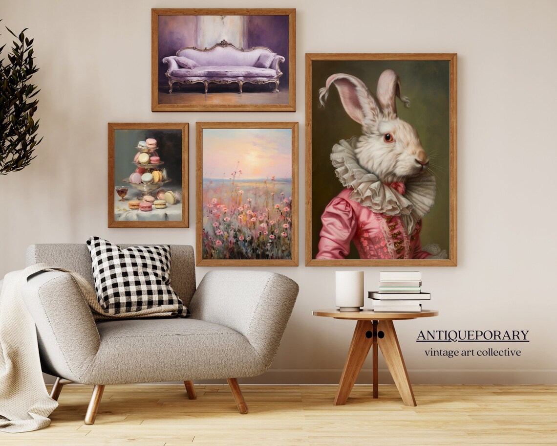 Regal White Rabbit Lady Pink Gown Oil Portrait Animal Art Poster - Image 2