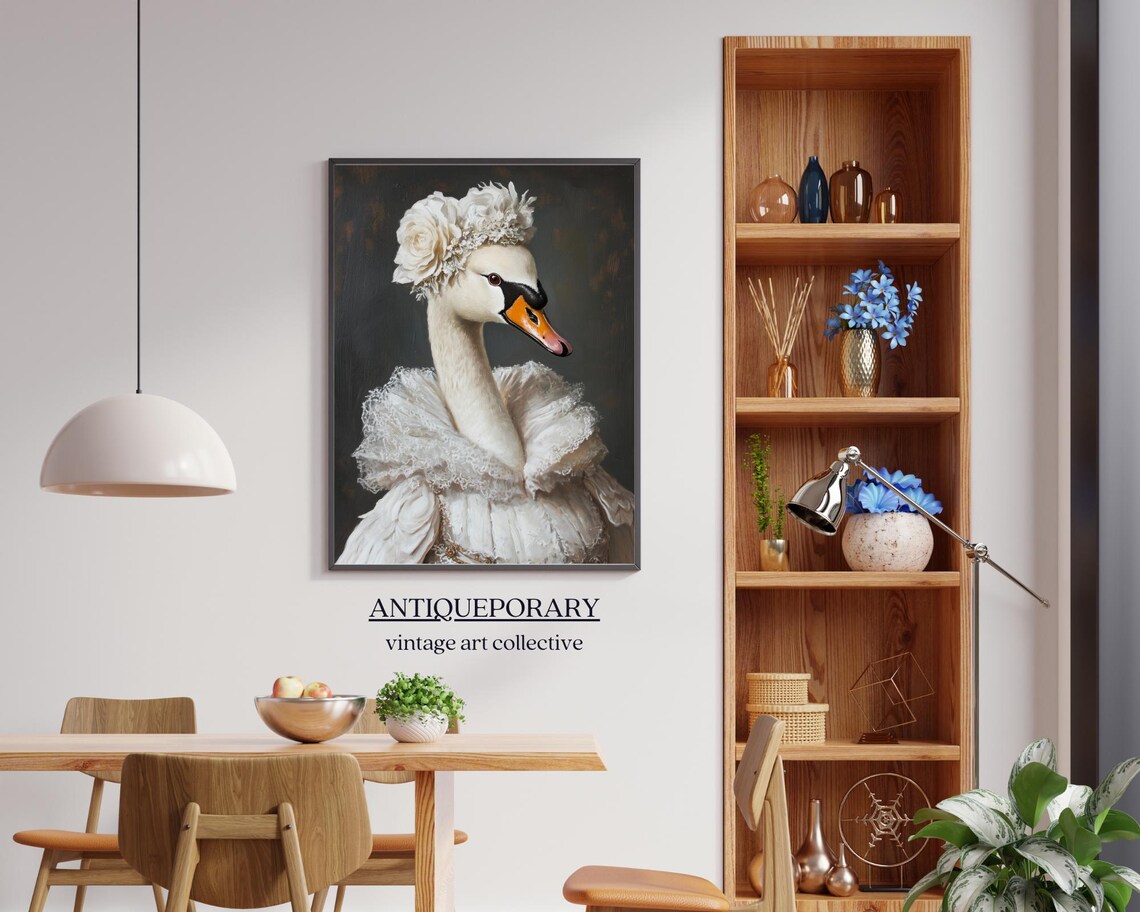 Elegant White Swan Lady Lace Ruff Floral Headdress Oil Portrait Poster - Image 5