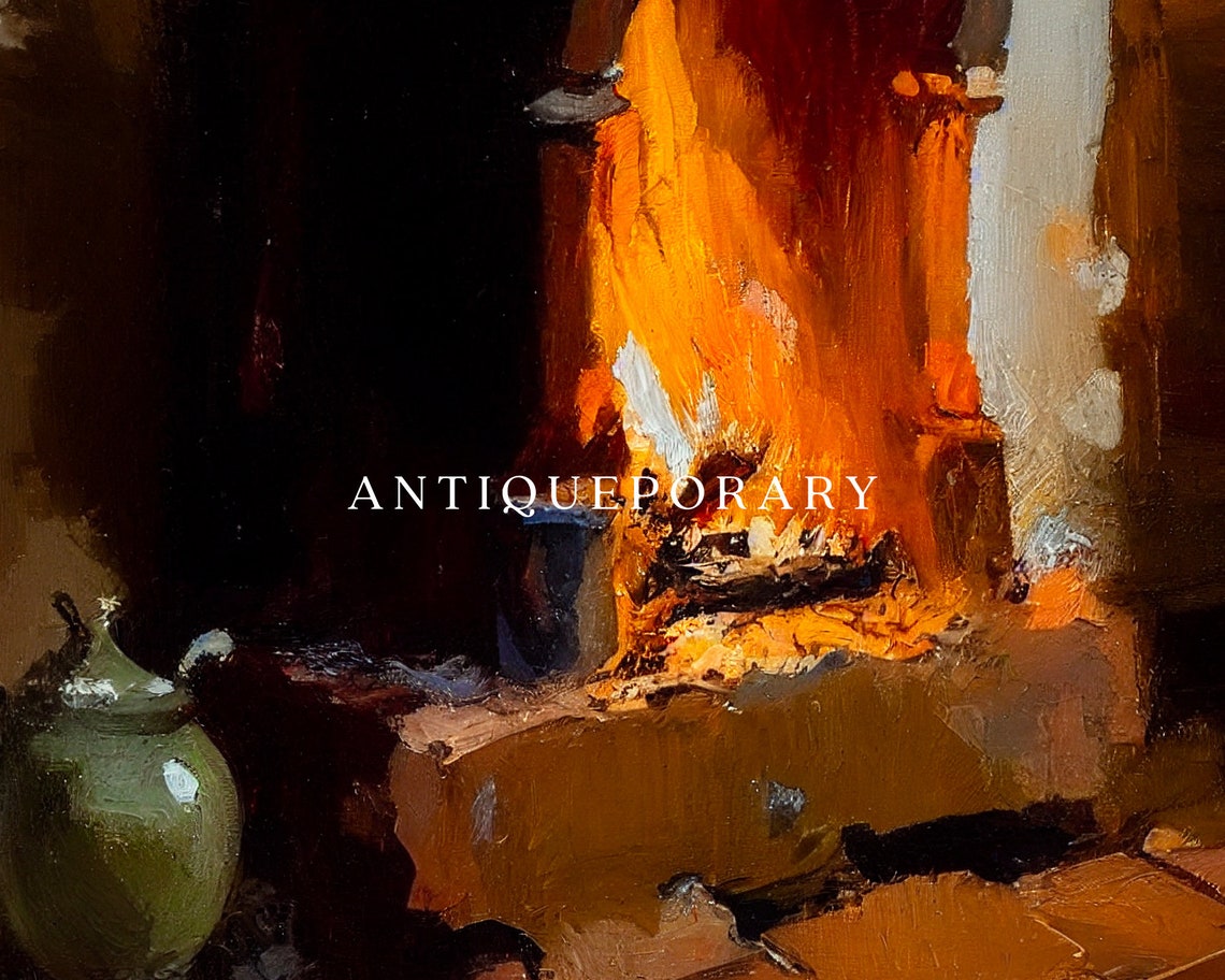 Rustic Stone Fireplace Burning Fire Cozy Dark Interior Oil Poster - Image 2
